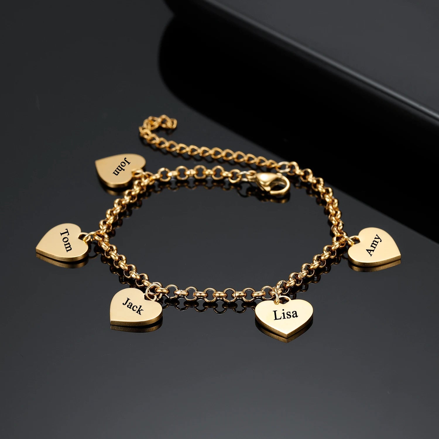 Gold Heart Charm Bracelet – Personalized Engraved Pendant Gift for Her - Image 3