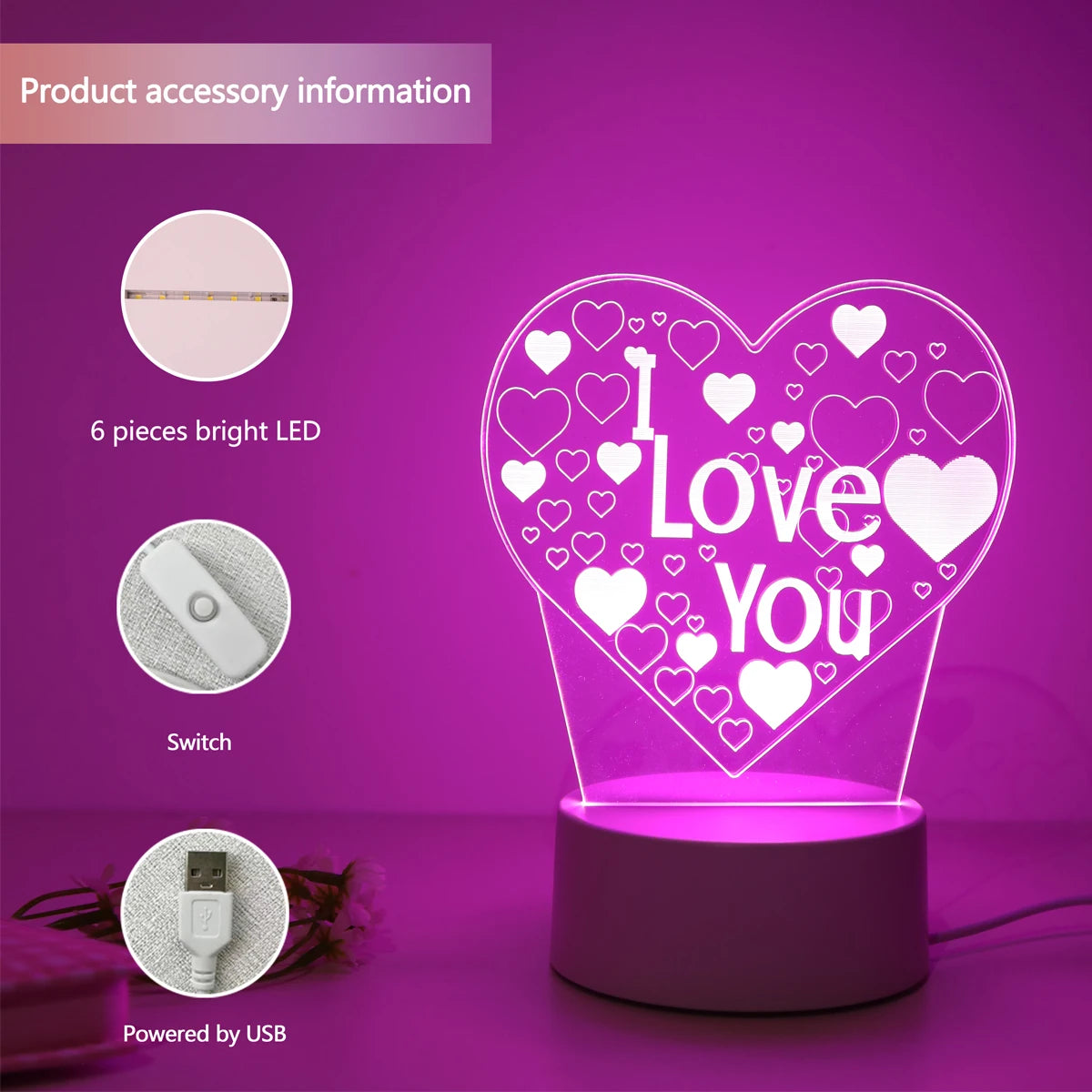 Pink Romantic Confession “I LOVE YOU” 3D Night Light - Image 2