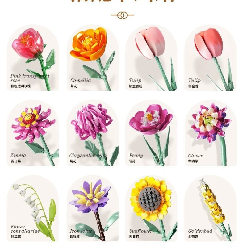 MOC Eternal Artificial Flower Bouquet – Sunflower, Rose & Tulip Building Blocks Set - Image 2