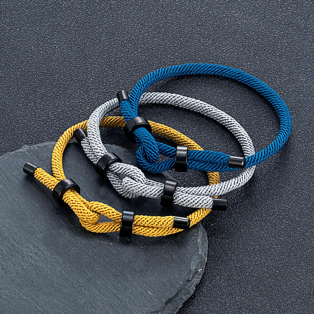 MKENDN Adjustable Knot Rope Bracelet – Black Stainless Steel Charm Bangle for Men - Image 4