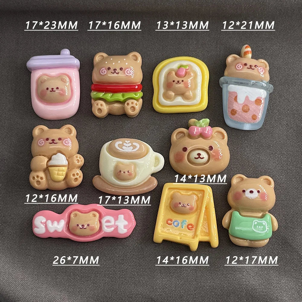 10pcs Kawaii Cartoon Milk Tea Coffee Cake Bear Flatbacks – Hair Embellishments for DIY Bows & Wedding Hairpin Accessories - Image 6