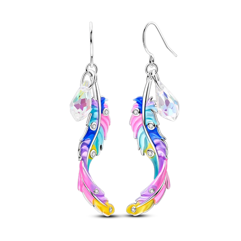 Original 925 Sterling Silver Colored Feather Earrings – 2025 Zircon Hoop Studs for Women - Image 15