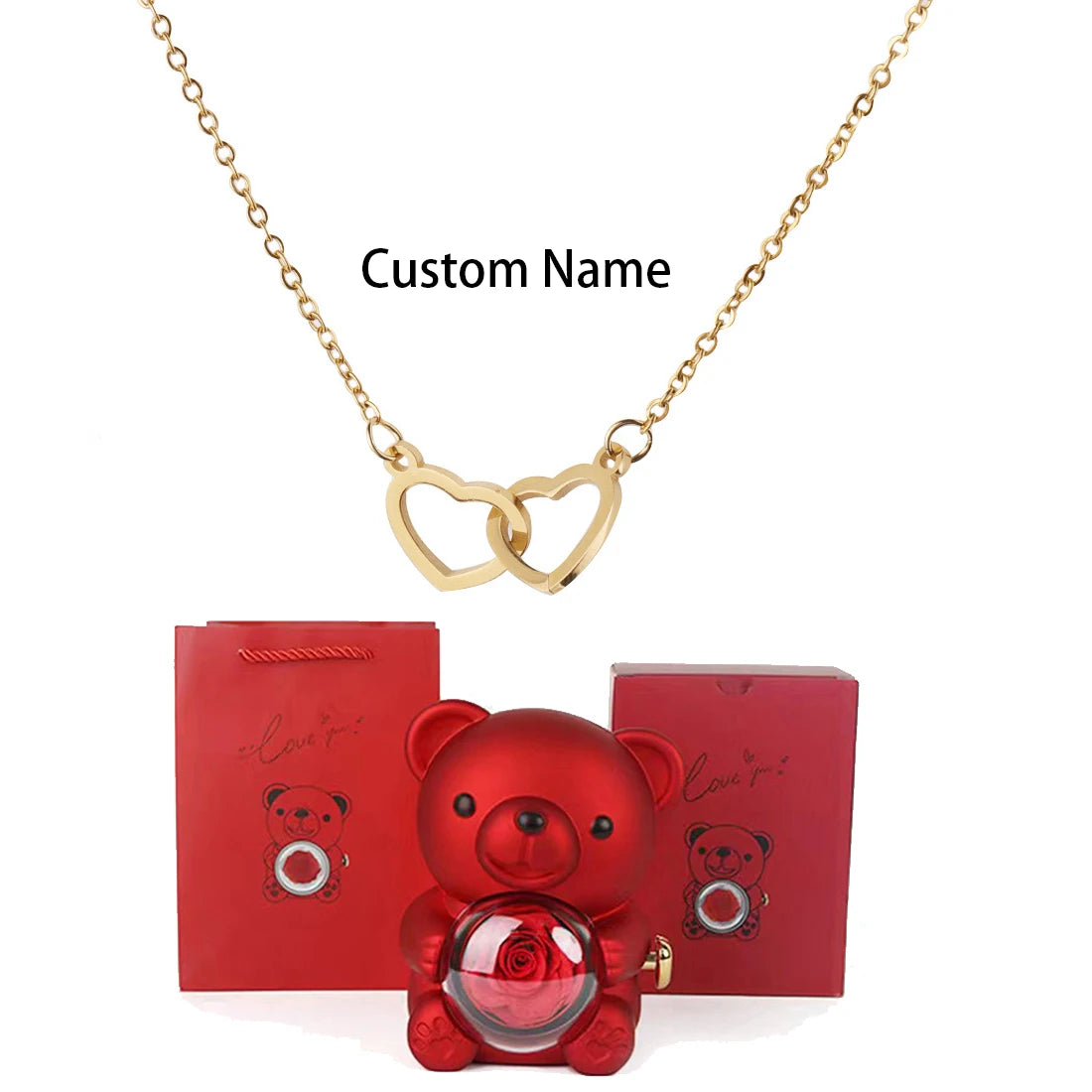 Custom Double Heart Necklace & Luxury Bear Rose Gift Box - Image 18