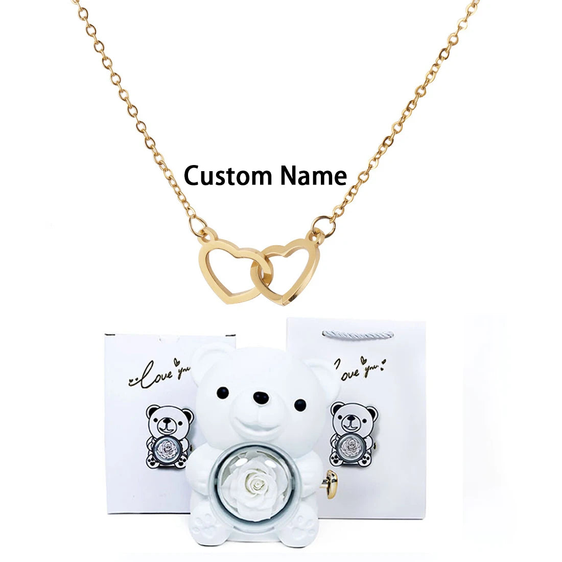 Custom Text Double Heart Eternal Necklace – With Luxury Bear & Rose Gift Box - Image 18