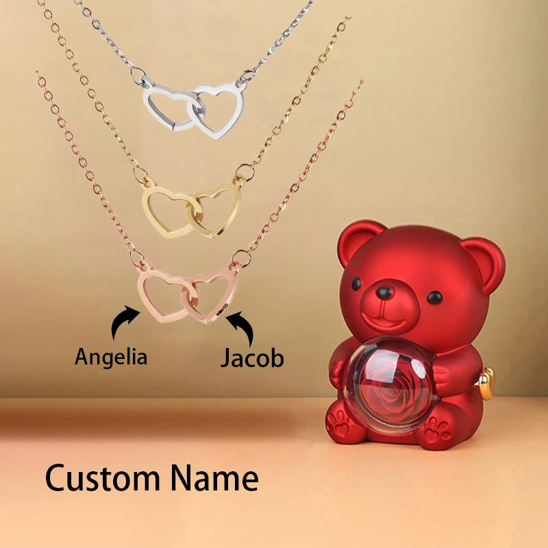 Custom Double Heart Necklace & Luxury Bear Rose Gift Box