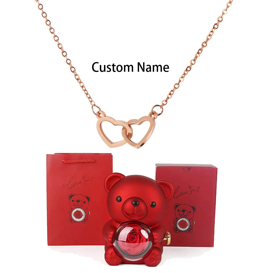Custom Text Double Love Heart Eternal Necklace – With Luxury Bear & Rose Gift Box for Women - Image 12
