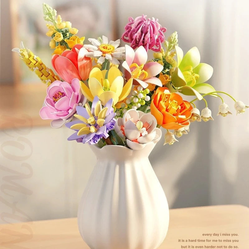 MOC Eternal Artificial Flower Bouquet – Sunflower, Rose & Tulip Building Blocks Set - Image 4