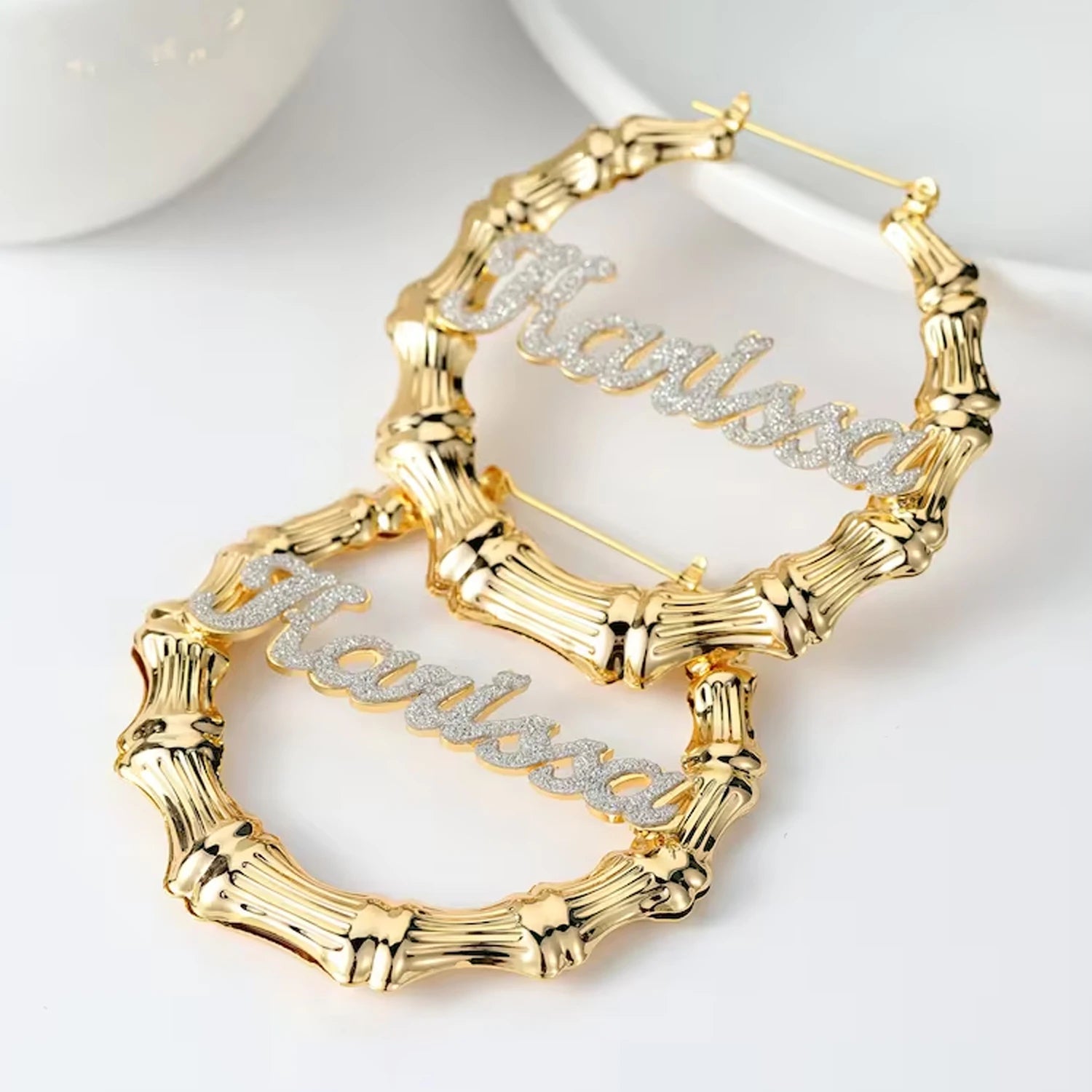 Qitian Personalized Bling Bamboo Hoop Name Earrings – Custom Hip-Hop Style Jewelry for Her - Image 5