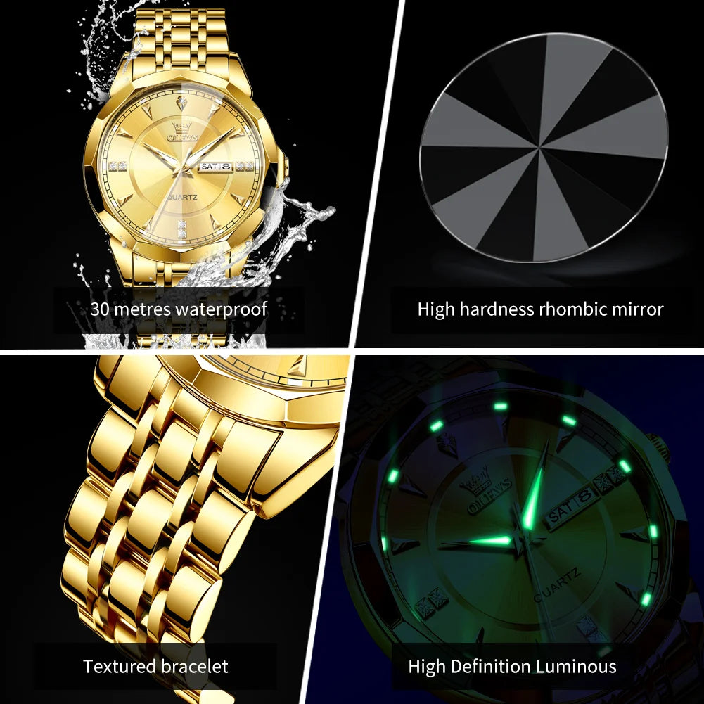 OLEVS 9977 Men's Rhombus Mirror Quartz Watch – Waterproof Luminous Stainless Steel Timepiece - Image 5