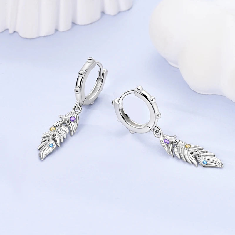 Original 925 Sterling Silver Colored Feather Earrings – 2025 Zircon Hoop Studs for Women - Image 6