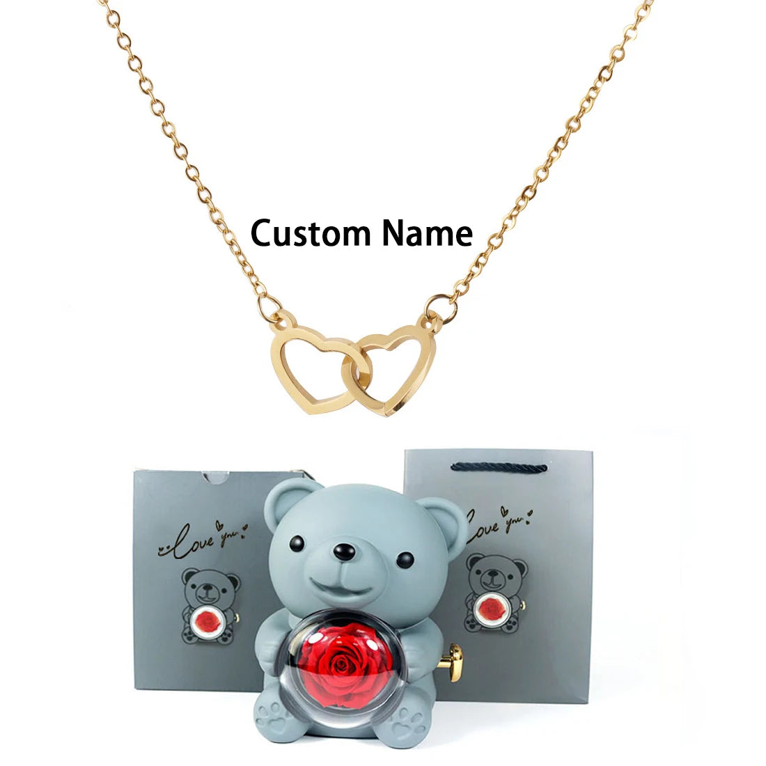 Custom Text Double Love Heart Eternal Necklace – With Luxury Bear & Rose Gift Box for Women - Image 13