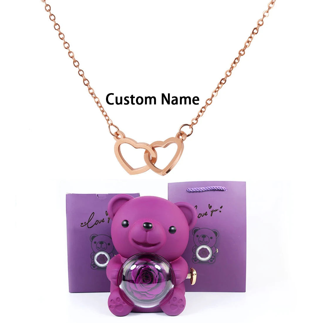 Custom Text Double Heart Eternal Necklace – With Luxury Bear & Rose Gift Box - Image 19
