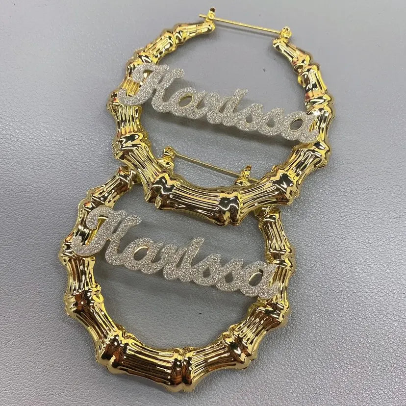 Qitian Personalized Bling Bamboo Hoop Name Earrings – Custom Hip-Hop Style Jewelry for Her - Image 4