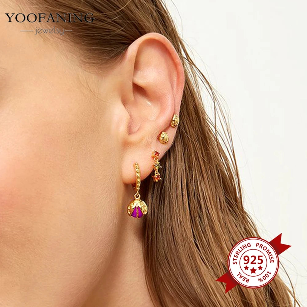 925 Sterling Silver Red Series Hoop Earrings – Red Zircon Love, Strawberry & Starfish Design - Image 6