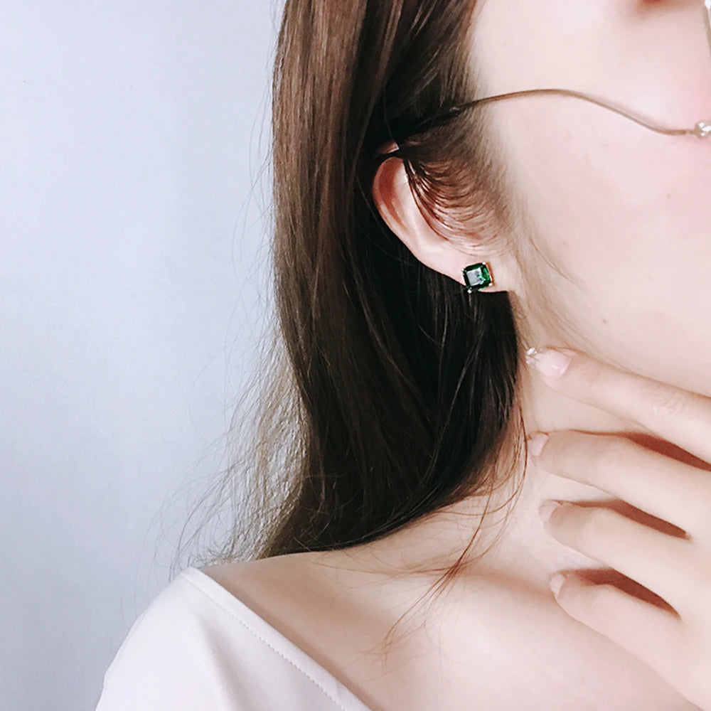 Huitan Simple and Elegant Square Cubic Zirconia Stud Earrings – White & Green Bridal Jewelry for Women - Image 4