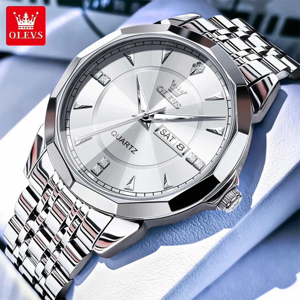 OLEVS 9977 Men's Rhombus Mirror Quartz Watch – Waterproof Luminous Stainless Steel Timepiece - Image 11