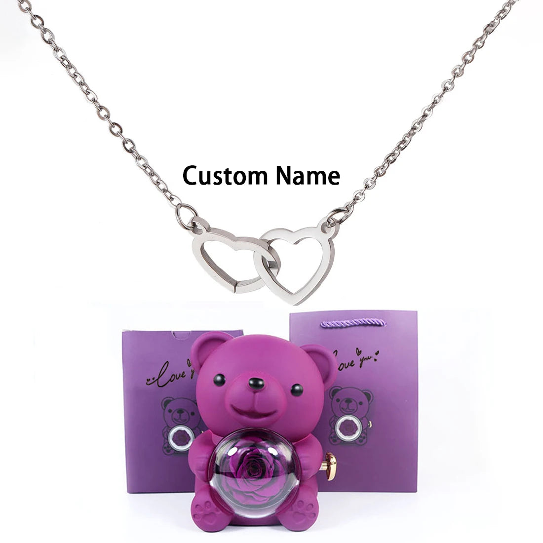Custom Double Heart Necklace & Luxury Bear Rose Gift Box - Image 21