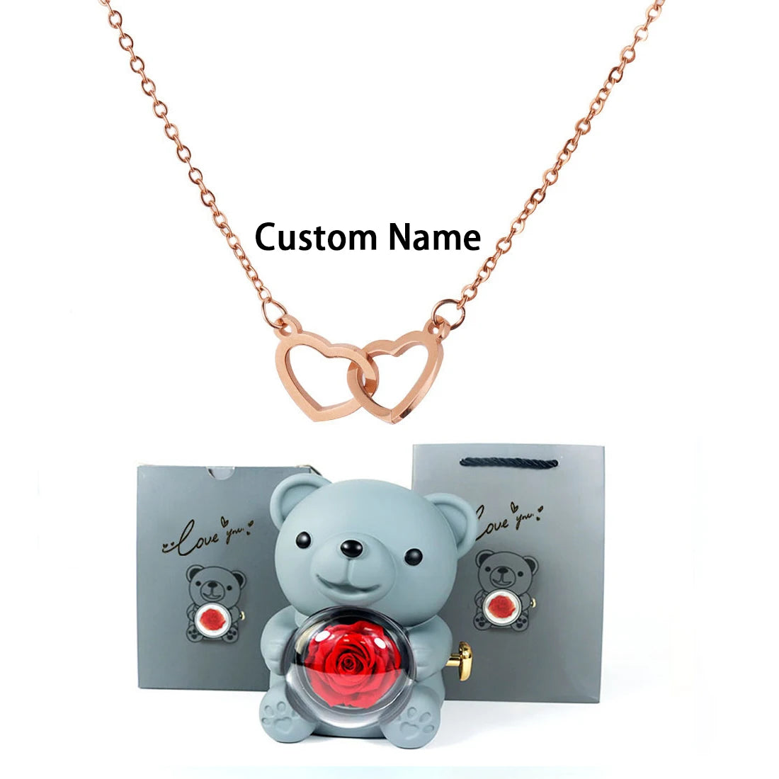 Custom Text Double Love Heart Eternal Necklace – With Luxury Bear & Rose Gift Box for Women - Image 22