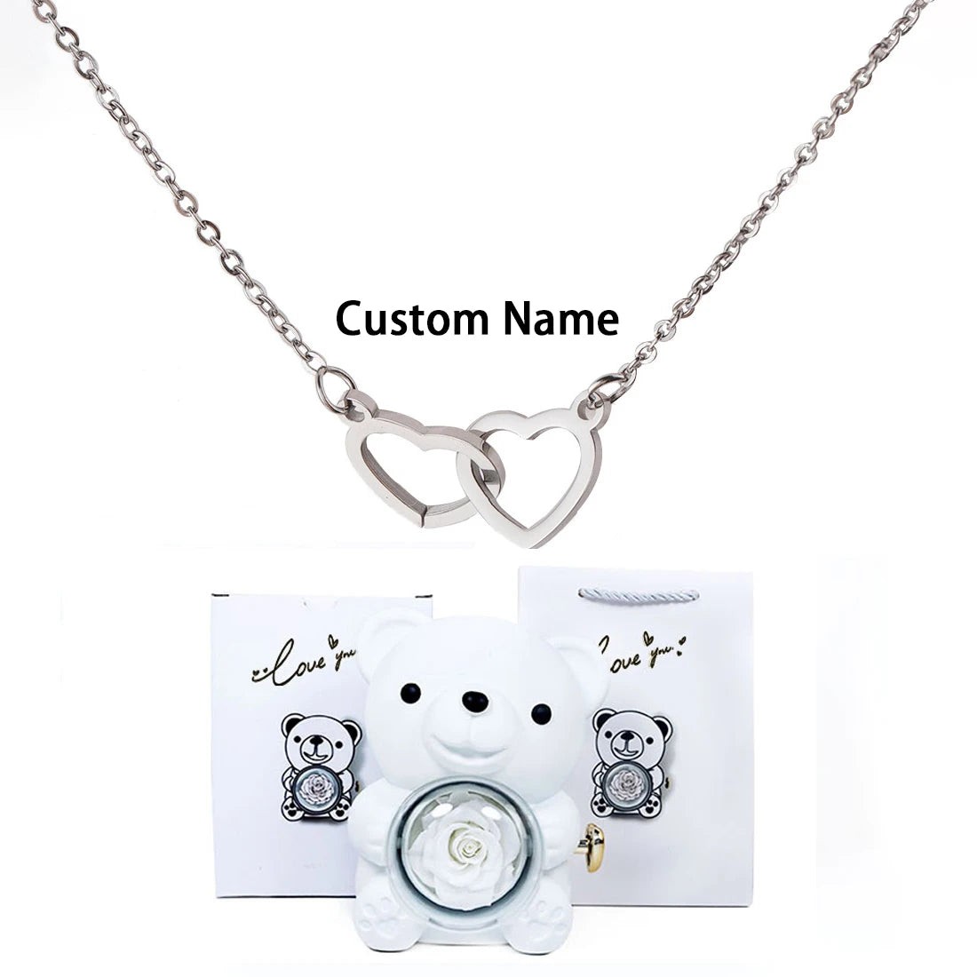 Custom Text Double Heart Eternal Necklace – With Luxury Bear & Rose Gift Box - Image 10