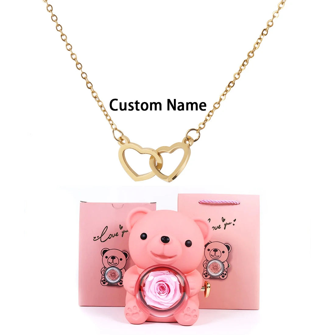 Custom Text Double Heart Eternal Necklace – With Luxury Bear & Rose Gift Box - Image 16