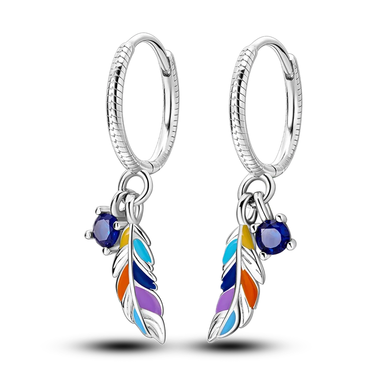 Original 925 Sterling Silver Colored Feather Earrings – 2025 Zircon Hoop Studs for Women - Image 13
