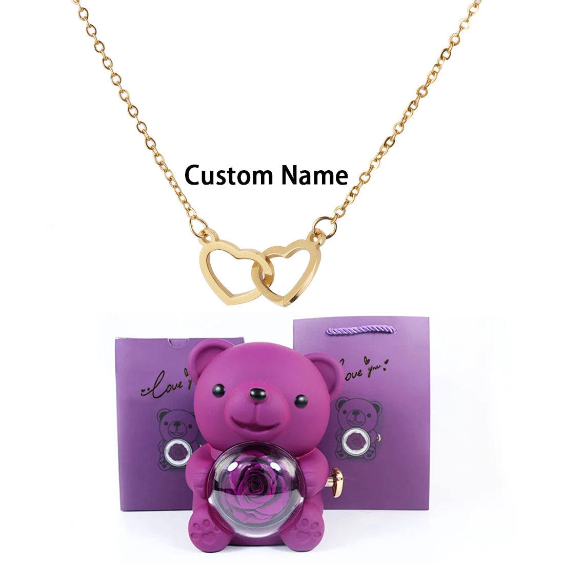 Custom Double Heart Necklace & Luxury Bear Rose Gift Box - Image 10