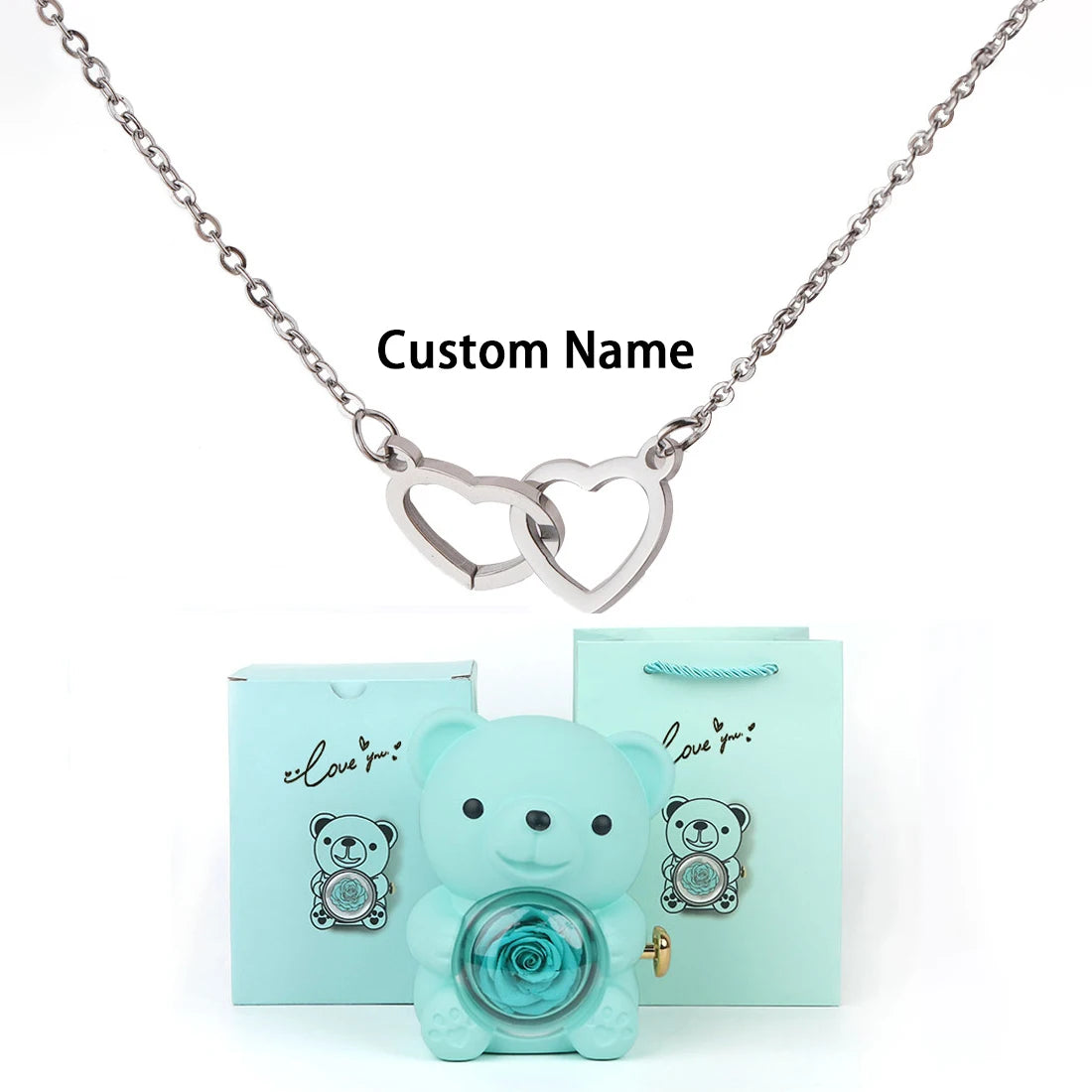 Custom Text Double Heart Eternal Necklace – With Luxury Bear & Rose Gift Box - Image 22