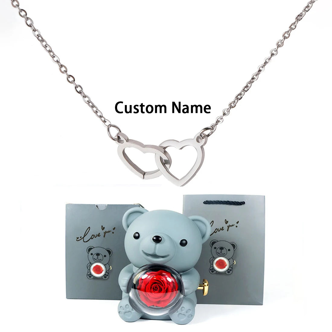 Custom Text Double Love Heart Eternal Necklace – With Luxury Bear & Rose Gift Box for Women - Image 7