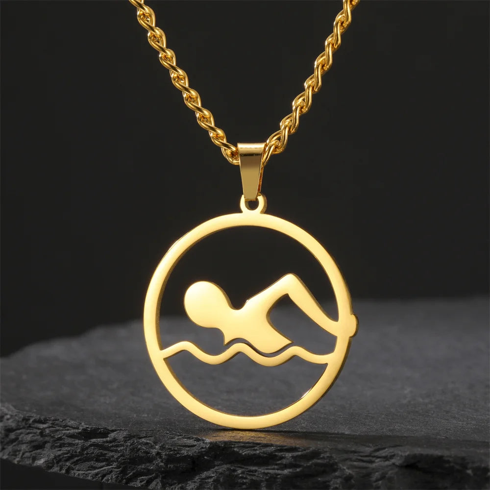 My Shape Swimming Water Pendant Necklace – Stainless Steel Sports Charm Jewelry for Swimming Lovers