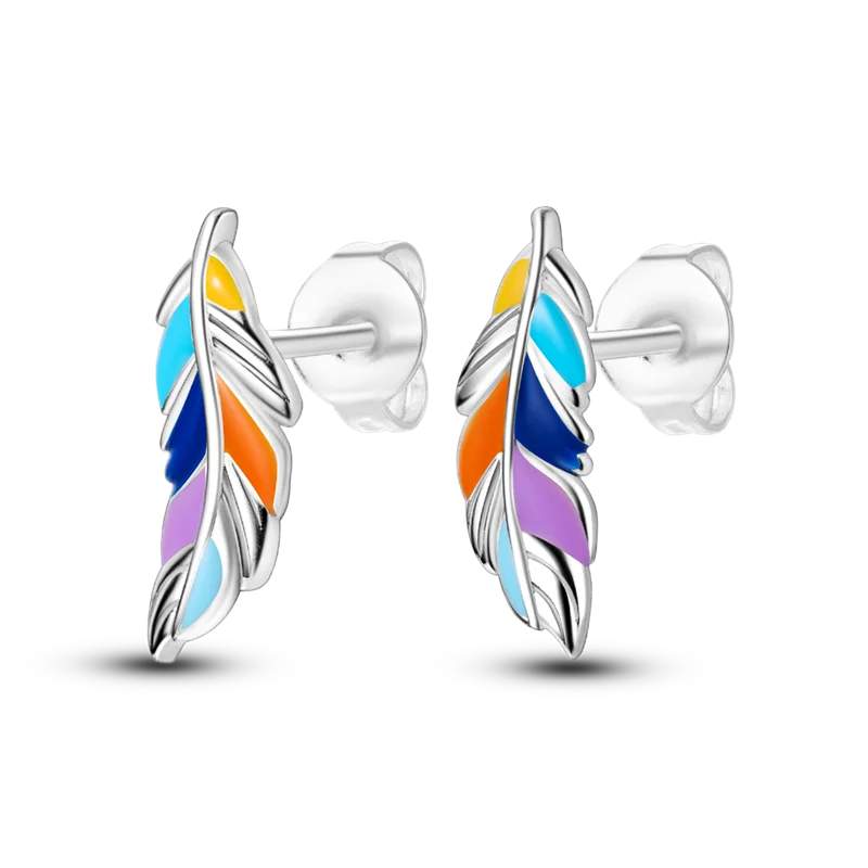 Original 925 Sterling Silver Colored Feather Earrings – 2025 Zircon Hoop Studs for Women - Image 11