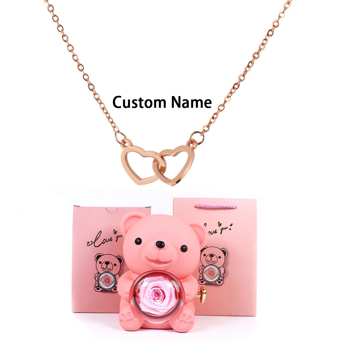 Custom Text Double Heart Eternal Necklace – With Luxury Bear & Rose Gift Box - Image 11