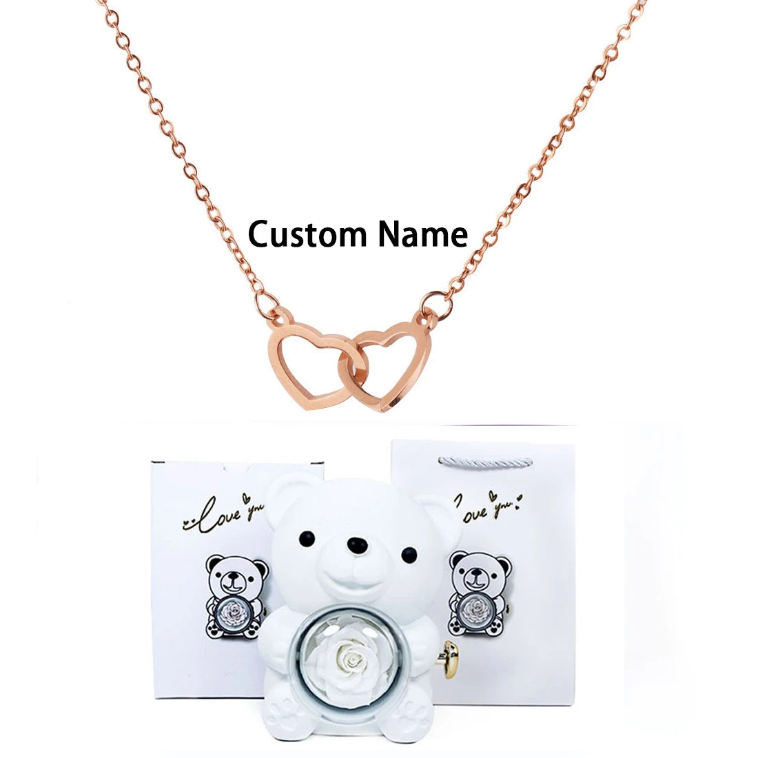 Custom Text Double Heart Eternal Necklace – With Luxury Bear & Rose Gift Box - Image 7