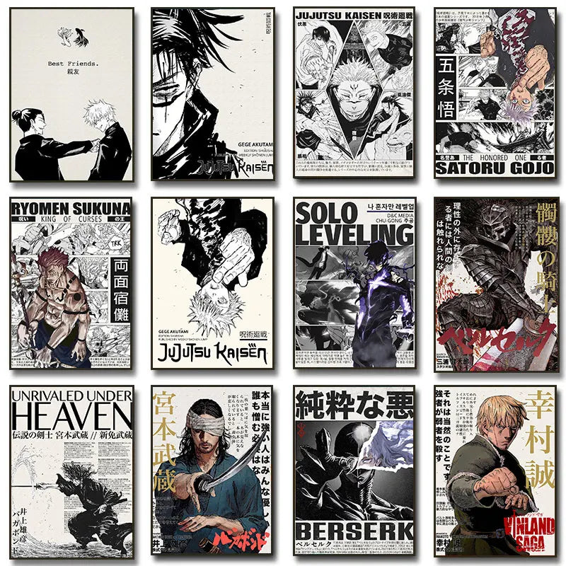 Popular Anime Canvas Posters – Vagabond & Jujutsu Kaisen Minimalist Wall Art for Fans