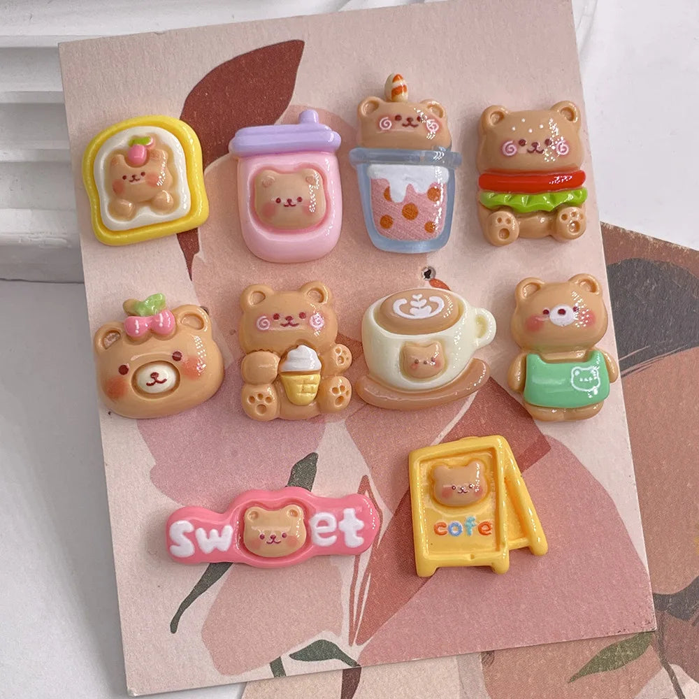 10pcs Kawaii Cartoon Milk Tea Coffee Cake Bear Flatbacks – Hair Embellishments for DIY Bows & Wedding Hairpin Accessories - Image 2