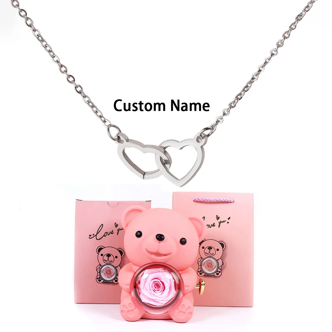 Custom Double Heart Necklace & Luxury Bear Rose Gift Box - Image 23