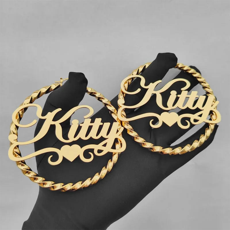 DHQH Name Twist Hoop Earrings – 18K Gold Personalized Custom Name Jewelry for Her - Image 3