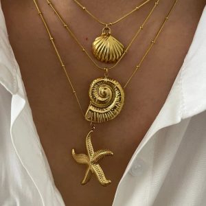 Peri'sbox Minimalist Starfish & Seashell Pendant Necklace – Waterproof Summer Beach Jewelry for Women