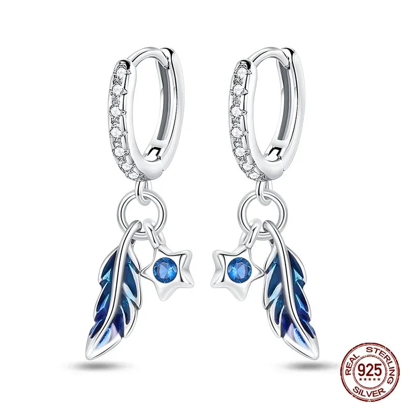 Original 925 Sterling Silver Colored Feather Earrings – 2025 Zircon Hoop Studs for Women - Image 12